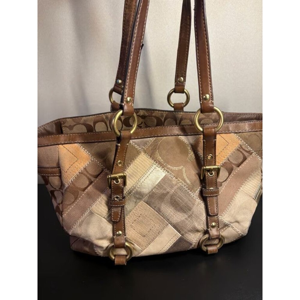 Coach Patchwork Tote Signature Suede Leather Shoulder Bag Brass Hardware - Picture 2 of 5